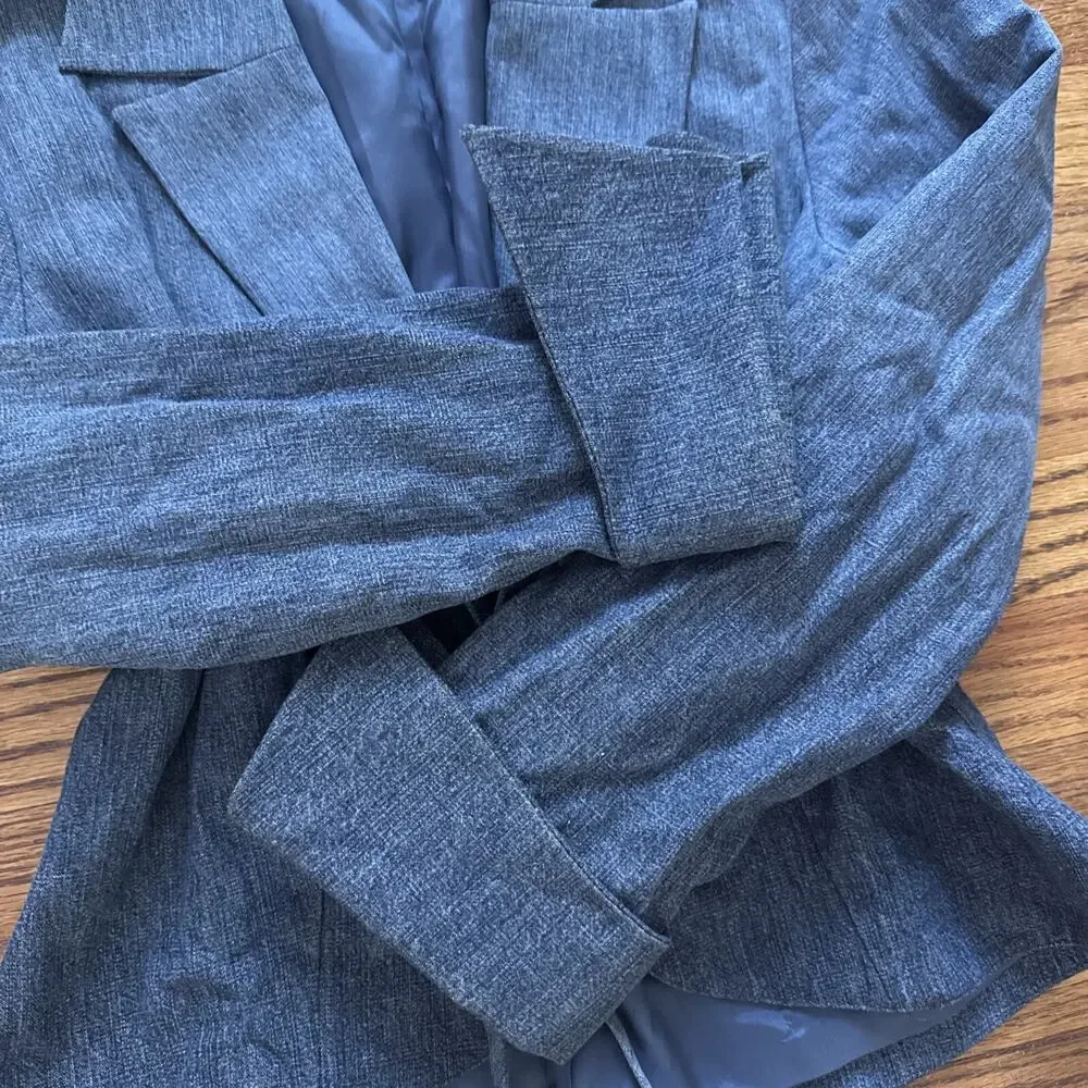 ANNE FONTAINE Denim Notch-Lapel Jacket w wrap-around Tie French Cuff Blue size 4 - Picture 6 of 10